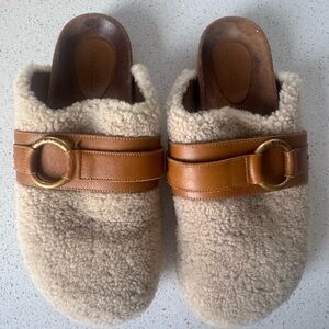 See by Chloe Size 9 Shearling Clogs with Leather Strap and Gold Buckle
